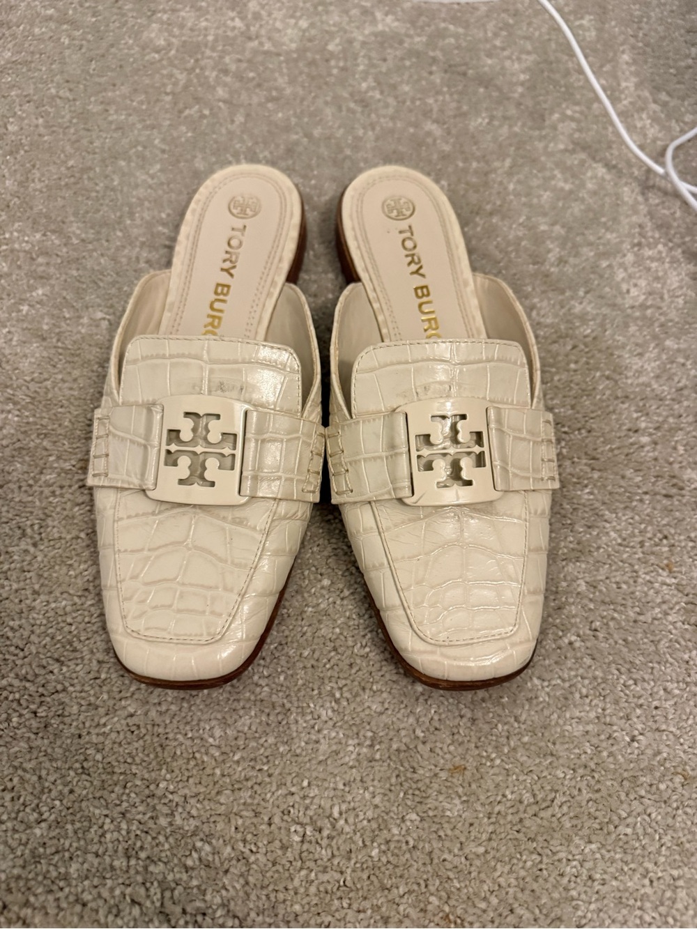 Tory Burch Ivory Croc-Embossed Slide Mules with Logo Plaque